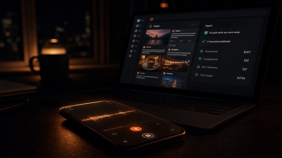 A smartphone glowing at night beside a laptop screen filled with published posts and a message digest, as if an invisible system worked while you slept