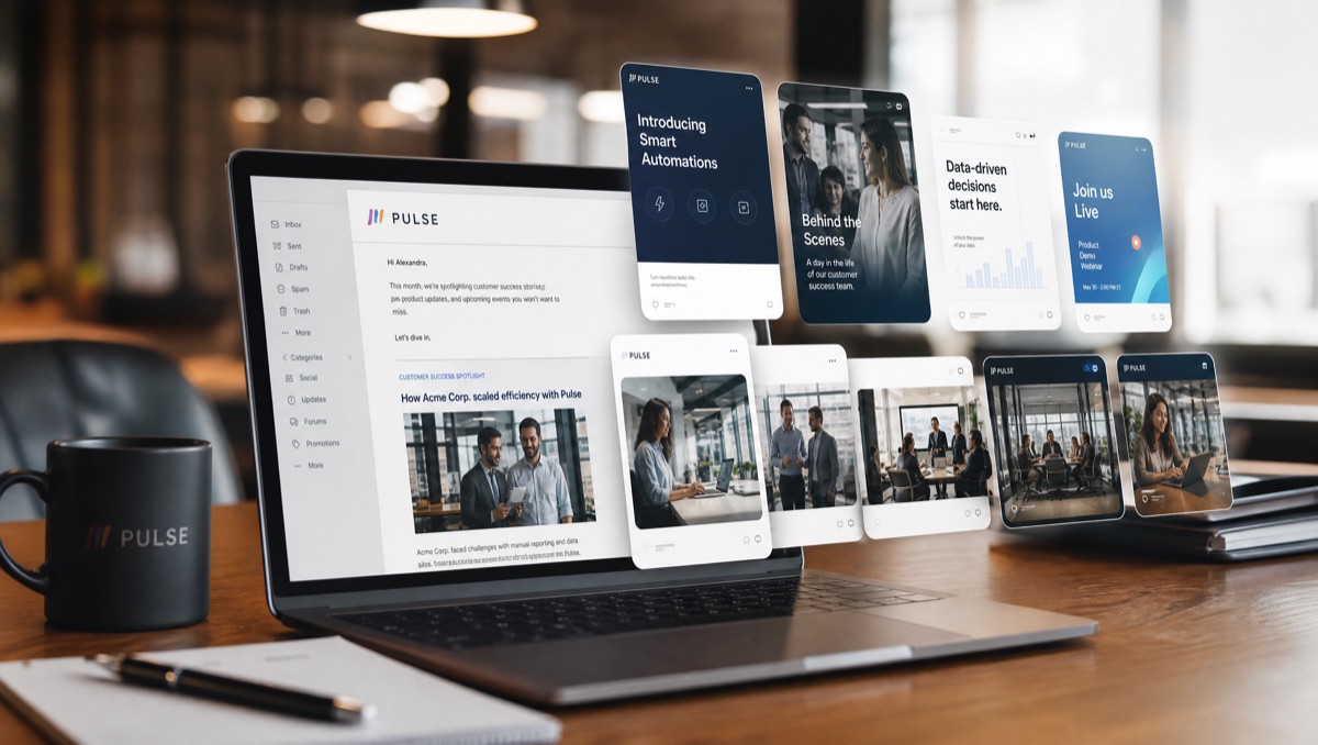 A newsletter automatically split into X posts, LinkedIn posts and AI-generated Instagram carousels