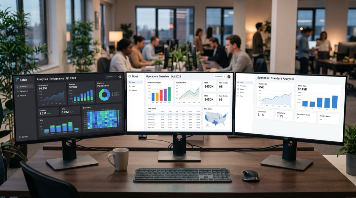 Three AI dashboards side by side comparing results from Fable 5, Opus 4.8, and Sonnet 5+ swarm on the same prompt