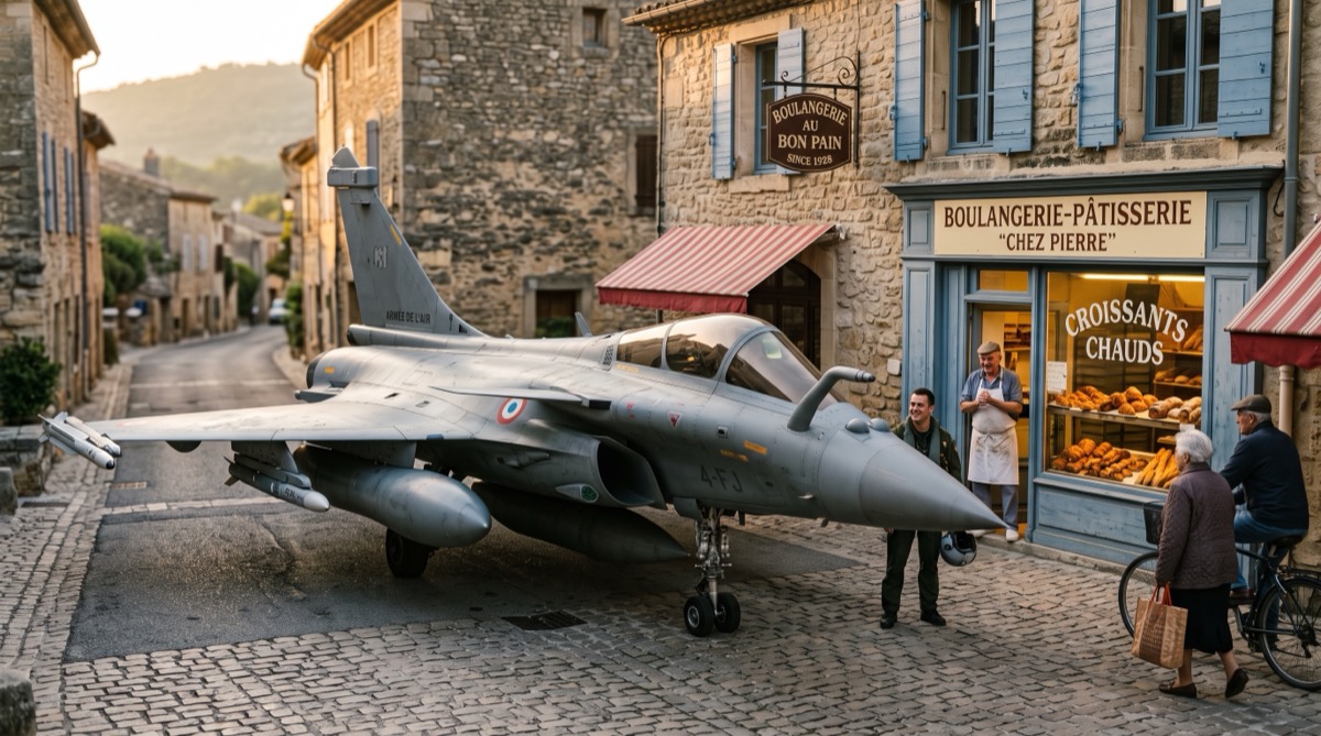 A military fighter jet parked in front of a small French bakery, metaphor for using a premium AI model for simple tasks